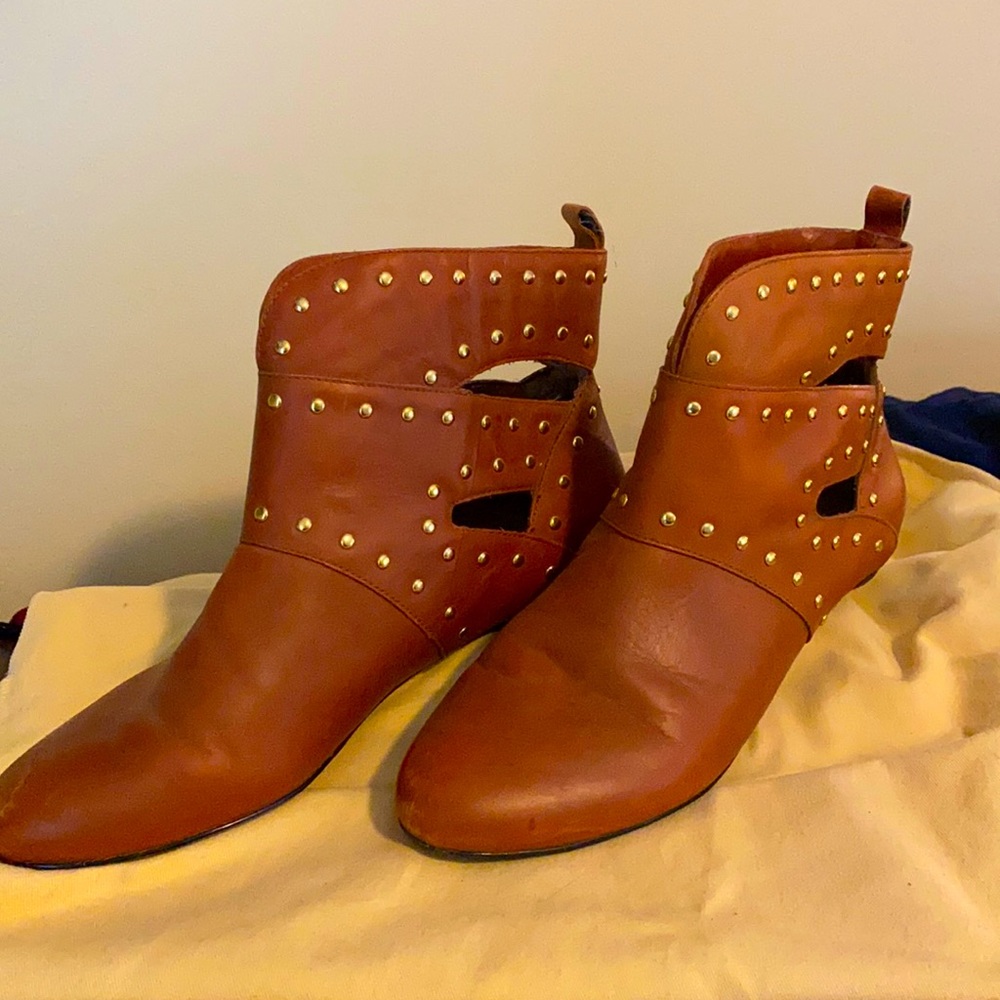 Brown Leather Studded Booties with Cut Outs